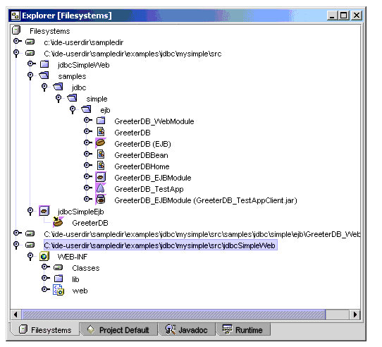 Screen shot of Filesystems window showing WEB-INF node showing up under the jdbcSimpleWeb file node
