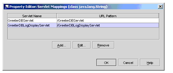 Screen shot of Property Editor: Servlet Mappings dialog box showing Servlet Name and URL Pattern fields
