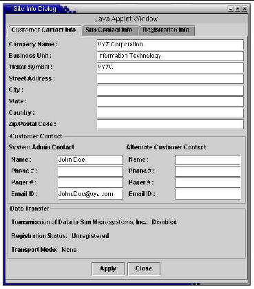 Registration Info screen with Customer Contact Info tab selected.