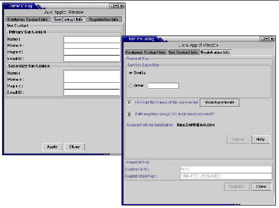 Two screens display Sun Contacts and Registration Info screens.