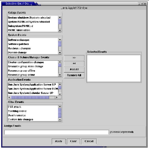 Lists of events on left, buttons that allow addition and deletion in center, and Selected Events box on right.