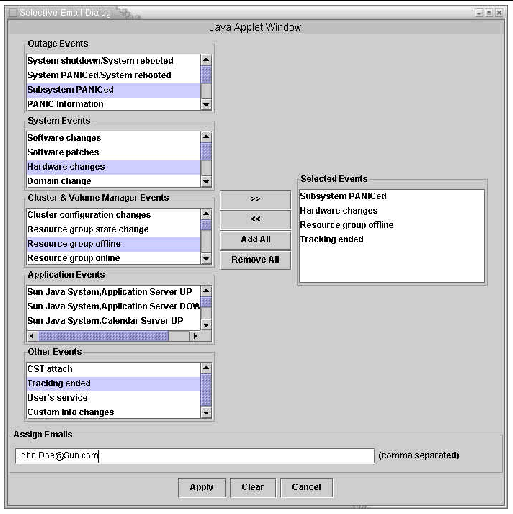 Lists of events on left, buttons that allow addition and deletion in center, and Selected Events box on right.Assign Emails field and buttons are below the events section.