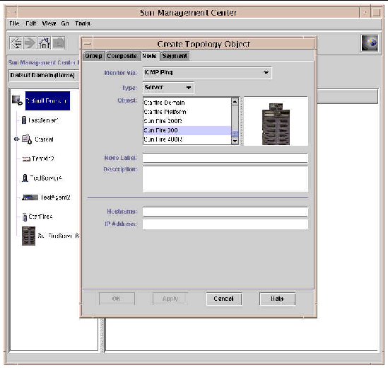 Create topology object dialog window with Node level, ICMP Ping, and Server selected. 