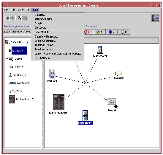 Main SunMC 3.0 screen with the Tools menu displayed.