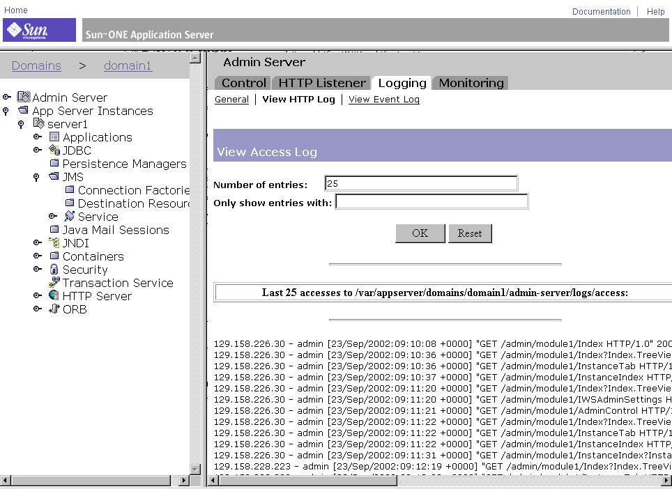 Figure shows the View HTTP log for the Admin Server.
