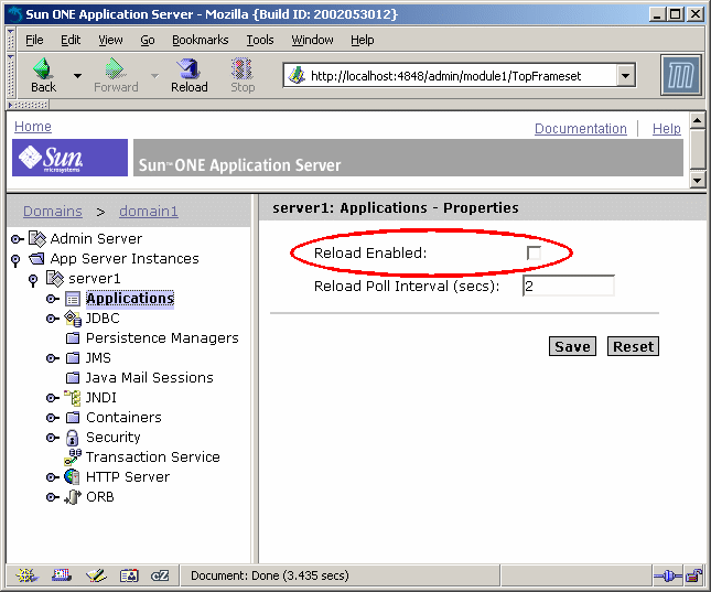 This figure shows the Applications Properties page with Reload Enabled highlighted.