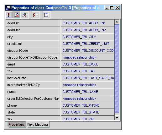 The screen capture shows the field mapping properties for a persistence-capable class.