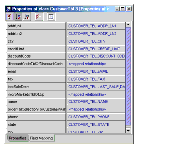 The screen capture shows the field mapping properties for a persistence-capable class.
