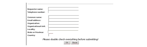 This screen capture displays the information fields required to request a certificate. This information varies by certificate authority. 