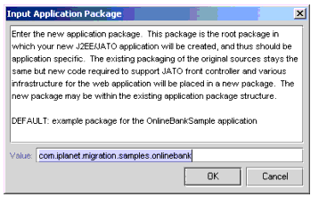 Figure shows a dialog box to enter the package name for the Input Application(i.e, the application which is being migrated).
