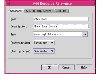 Figure shows a dialog box to configure a JDBC resource for Sun ONE Application Server using  Sun ONE Studio.
