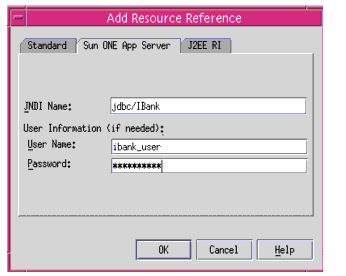 Figure shows a dialog box to add JDBC resource reference for Sun ONE Application Server using  Sun ONE Studio.

