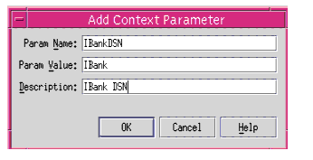 Figure shows a dialog box to add a Context Parameter for Sun ONE Application Server using  Sun ONE Studio.
