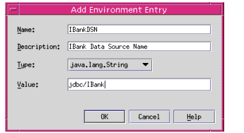 Figure shows a Dialog Box to add a Environment  Entry for a session bean using Sun ONE Studio.
