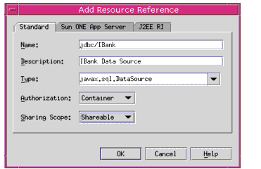 Figure shows a Dialog Box to add a Resource to a session bean using Sun ONE Studio.
