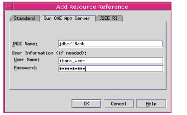 Figure shows a Dialog Box to add a Resource to a session bean using Sun ONE Studio.

