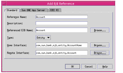 Figure shows a Dialog Box to create a EJB Reference to a session bean using Sun ONE Studio.
