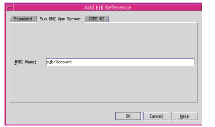 Figure shows a Dialog Box to add a EJB Reference to Sun ONE Application Server using Sun ONE Studio.
