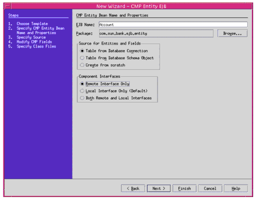 Figure shows a wizard to create and configure CMP Entity bean in Sun ONE Studio.

