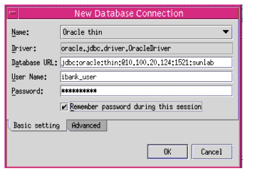 Figure shows a Dialog Box to configure a database connection in Sun ONE Studio.
