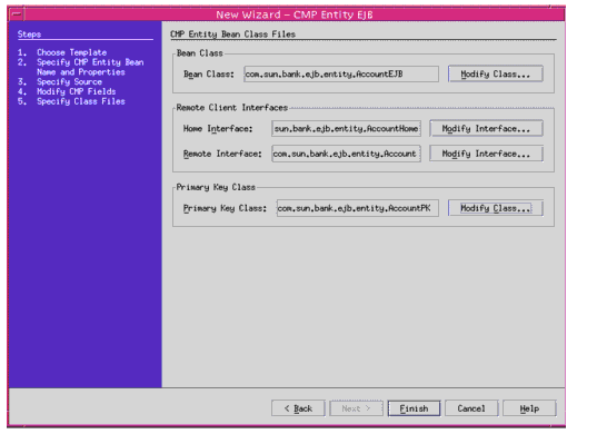 Figure shows a wizard to specify the source files for the CMP Entity beans in Sun ONE Studio.
