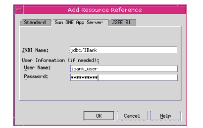 Figure shows how to add a resource reference to Sun ONE App Server.
