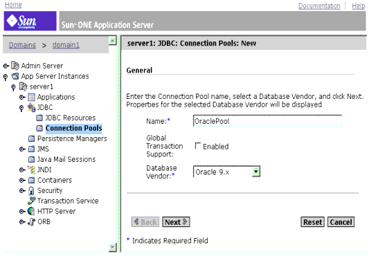 Figure shows how to configure Connection Pools in Sun ONE Application Server.
