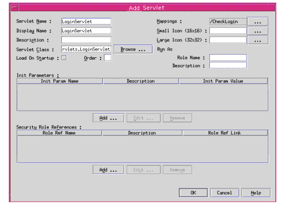 Figure shows how to configure servlets using Sun ONE Studio.
