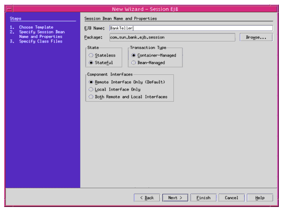 Figure shows how to create a Session Bean using Sun ONE Studio for Sun ONE Application Server 7.
