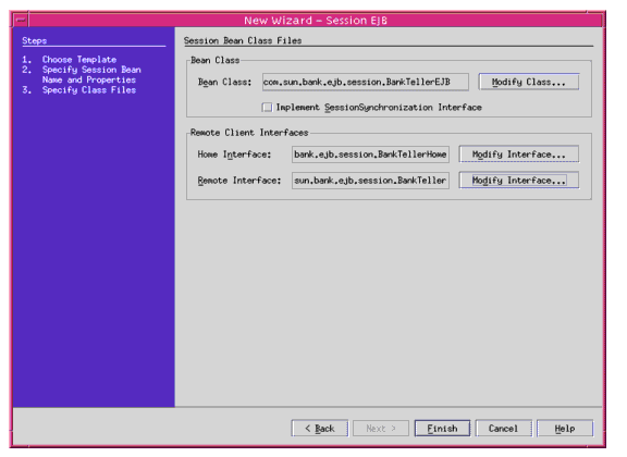 Figure shows how to create a Session Bean's Bean class, Home and Remote Interface using Sun ONE Studio for Sun ONE Application Server 7.
