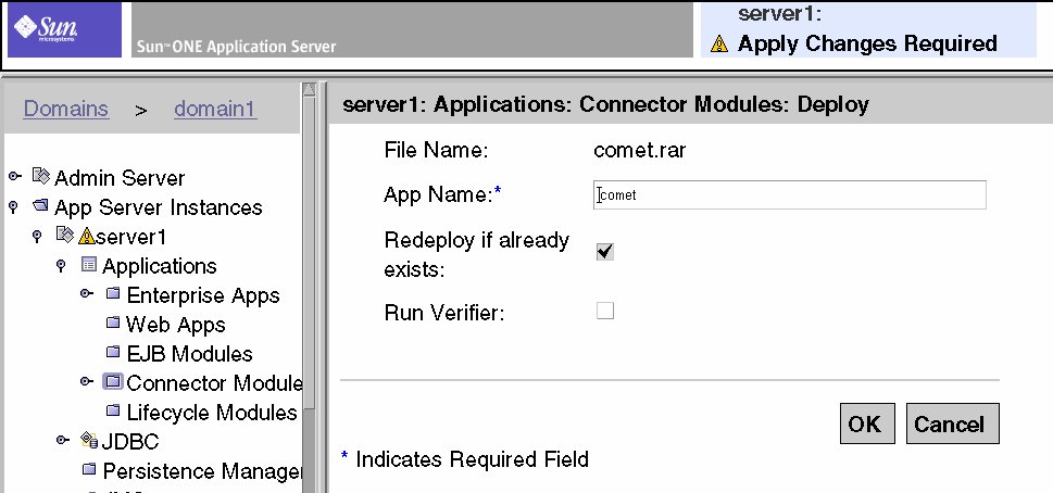 Figure shows Sun ONE Application Server Admin Server, Application Connector Modules Display
