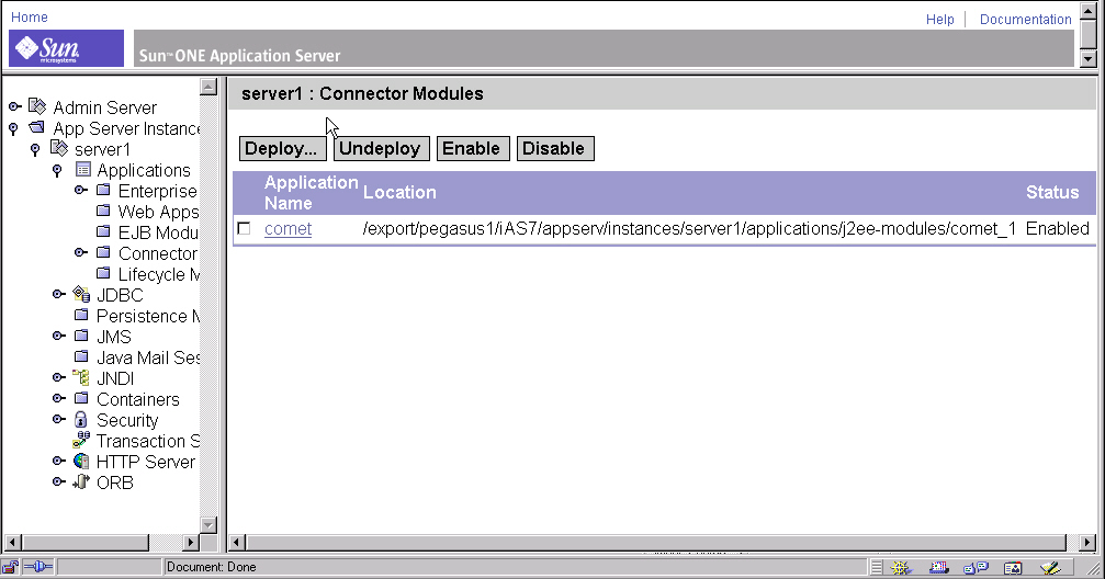 Figure shows Sun ONE Application Server Admin Server, Connector Modules Display
