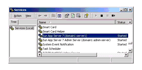 This screen capture shows Sun ONE Application Server entries in the Microsoft Windows Services menu.