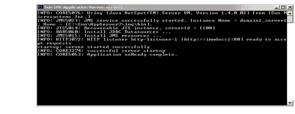 This screen capture shows the message that displays when the Application Server is started.