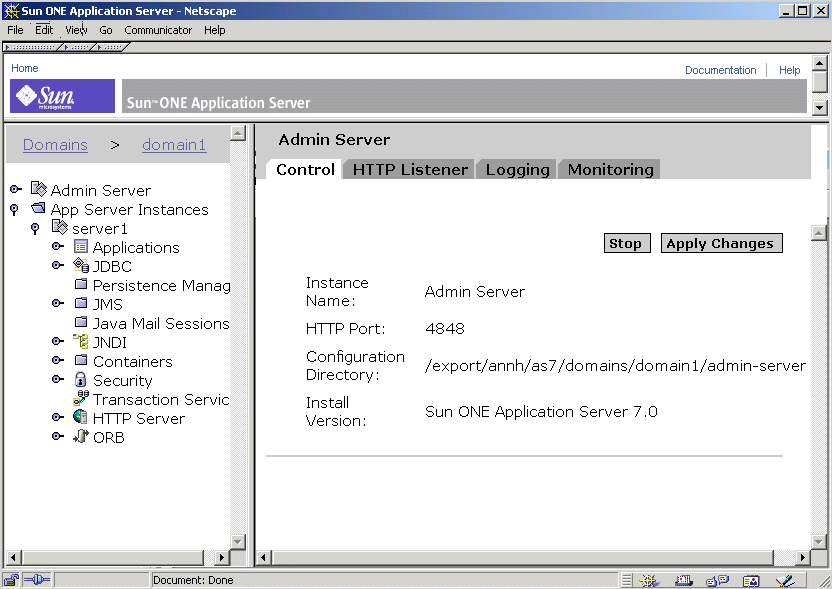 This figure shows the Administration Server in the Administration interface.