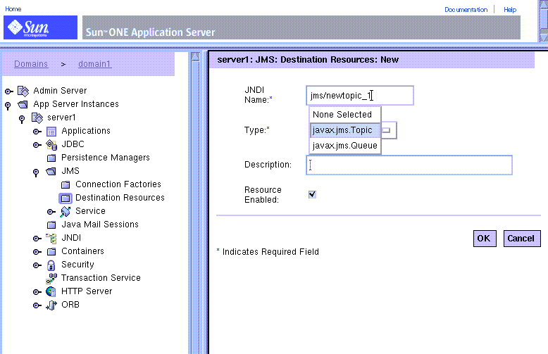 Application Server window showing dialog used to create adminstered object. Screen  is explained in text.