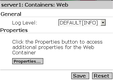 Figure shows the Web Container log level setting. 