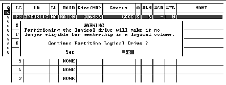 Screen capture shows a Warning notice with "Continue Partition Logical Drive?" prompt displayed and "No" highlighted.