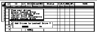 Screen capture shows a logical drive selected, and a submenu shows "add Scsi drives" chosen, and the prompt "Add Drives to Logical Drive? is displayed.
