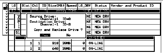 Screen capture showing the submenu with "the member drive (the source drive) to be replaced" chosen.