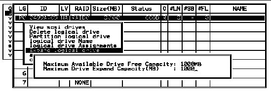 Screen capture shows logical drive selected, a second menu shows "Expand logical drive" chosen, and the window shows the maximum drive expand capacity.