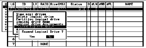 Screen capture showing the logical drive selected, a submenu shows "Expand logical drive" chosen, and the prompt is "Expand Logical Drive?