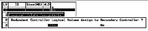 Screen capture showing "Logical Volume Assignments" chosen and the "Redundant Controller Logical Volume Assign to Secondary Controller?" prompt. 