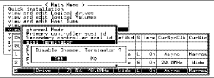 Screen capture showing "scsi Terminator" chosen with the message "Disable Channel Terminator?" displayed. 