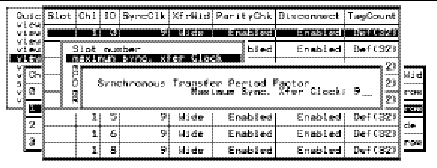 Screen capture showing "maximum sync. xfer Clock" chosen and the "Synchronous Transfer Period Factor, Maximum Sync. Xfer Clock: 9__" prompt displayed.