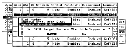 Screen capture showing "maximum xfer Width" chosen and the "Set SCSI Target Maximum Xfer Wide Supported?" prompt displayed. 