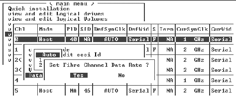 Screen capture showing Set Fibre Channel Data Rate? prompt.