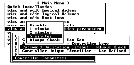 Screen capture shows "Controller Parameters," "Password Validation Timeout - Always Check," and "5 minutes" chosen.