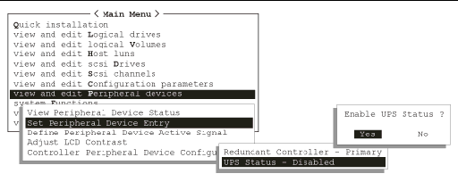 Screen capture showing submenus with "Set Peripheral Device Entry" and "UPS Status - Disabled" chosen. The prompt is "Enable UPS Status?"