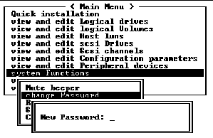 Screen capture showing the submenu shows "change Password" chosen and the prompt is for a New Password.
